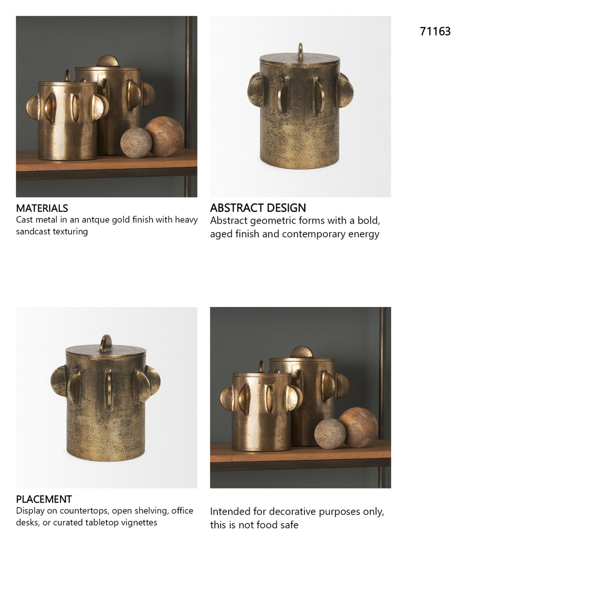Deacon Large Antiqued Gold Metal Canister with Sculptural Handles from Mercana - Luna Furniture