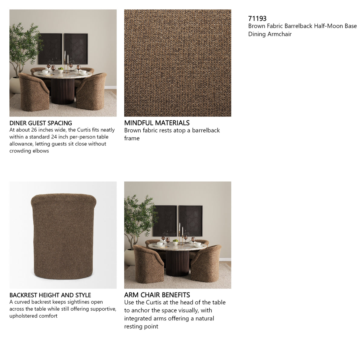 Curtis Brown Fabric Barrelback Half-Moon Base Dining Armchair