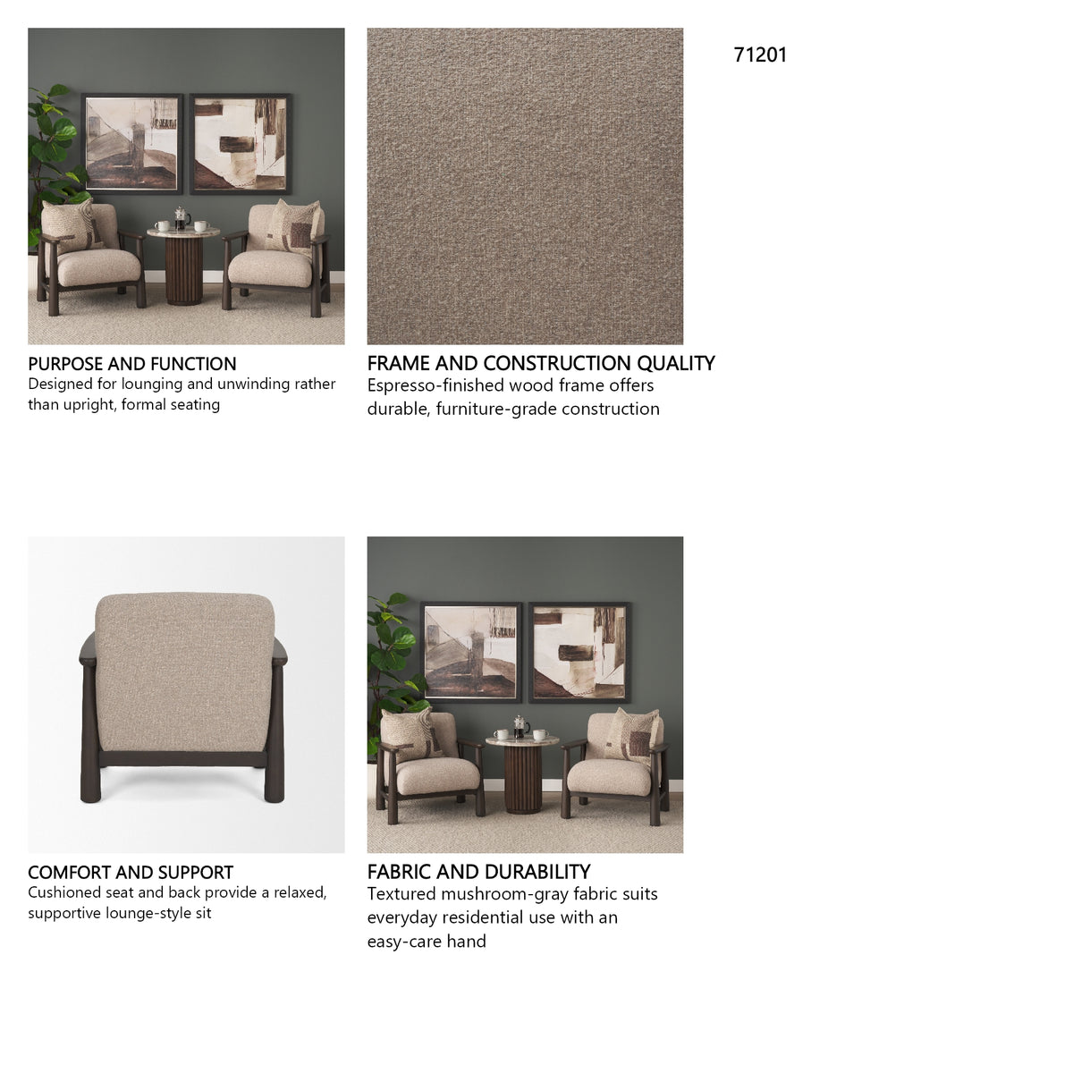Willmar Textured Mushroom Gray Fabric Espresso Brown Wood Accent Lounge Chair from Mercana - Luna Furniture