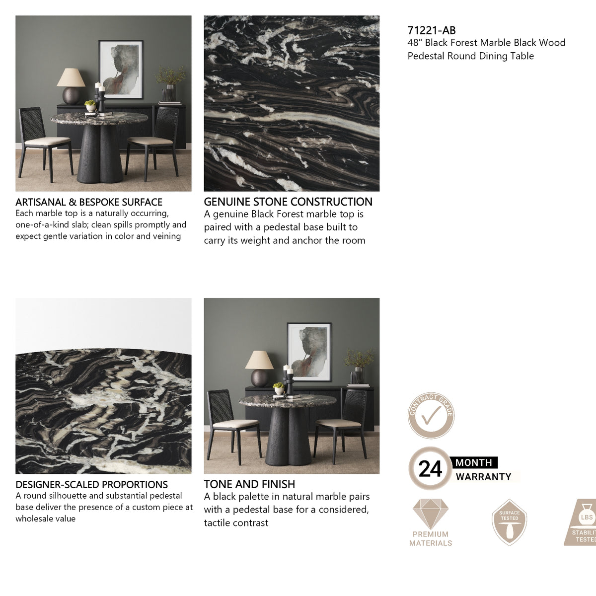 Marilyn 48" Black Forest Marble Black Wood Pedestal Round Dining Table