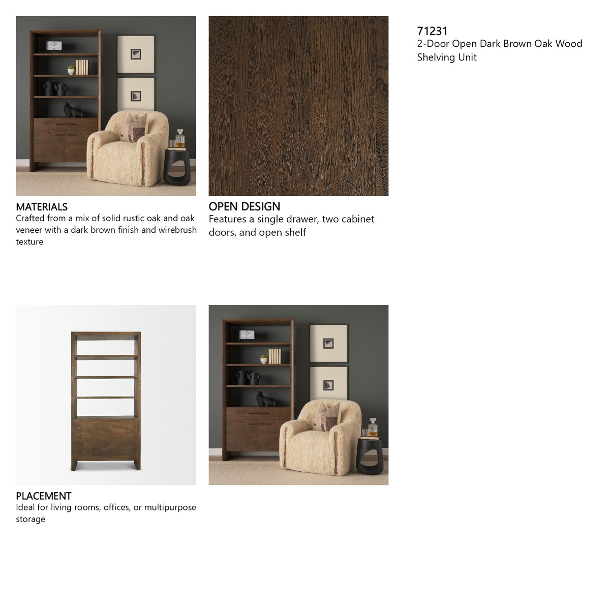 Belford 2-Door Open Dark Brown Oak Wood Shelving Unit from Mercana - Luna Furniture