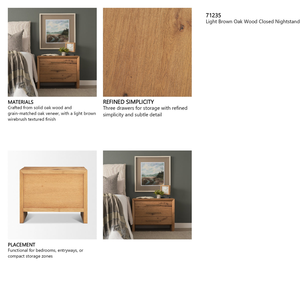 Belford 3-Drawer Light Brown Oak Wood Closed Nightstand from Mercana - Luna Furniture