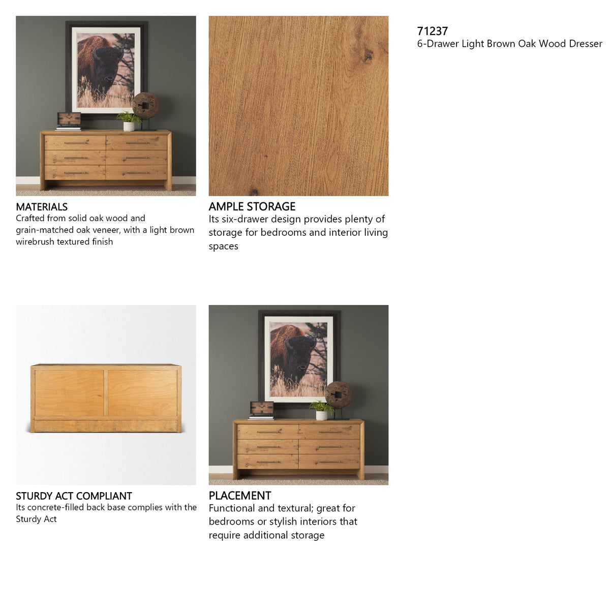 Belford 6-Drawer Light Brown Oak Wood Dresser from Mercana - Luna Furniture