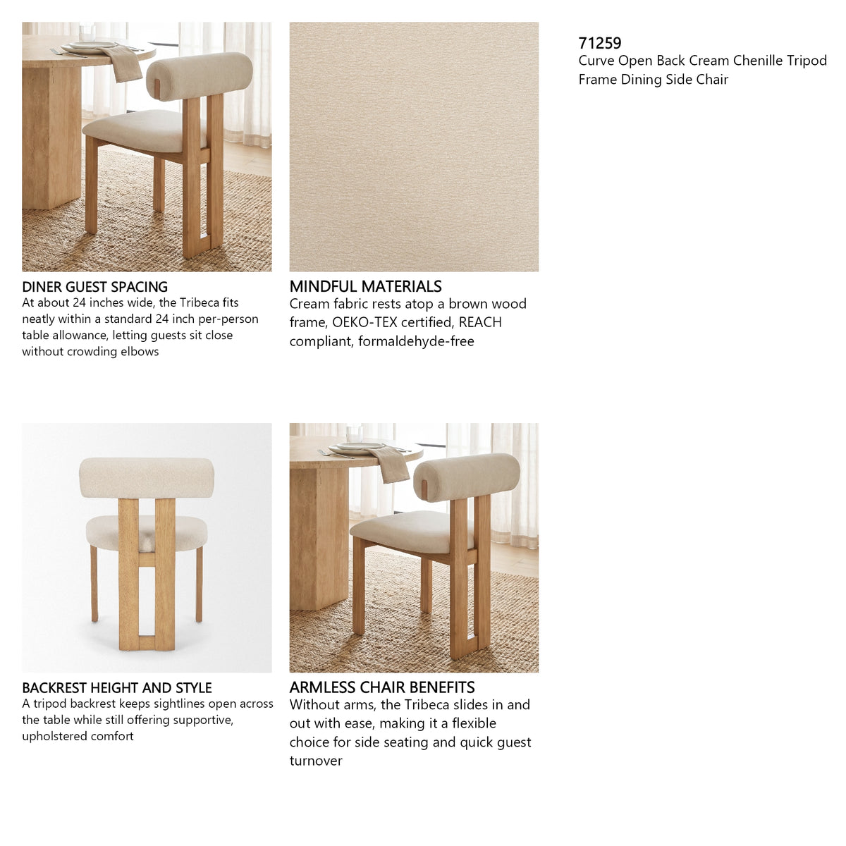 Tribeca Curve Open Back Cream Chenille Tripod Frame Dining Chair, Set of 2