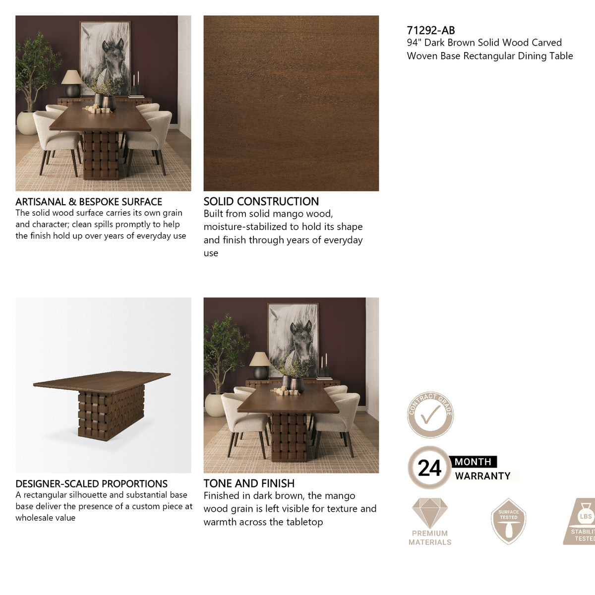 Trellyn 94" Dark Brown Solid Wood Carved Woven Base Rectangular Dining Table