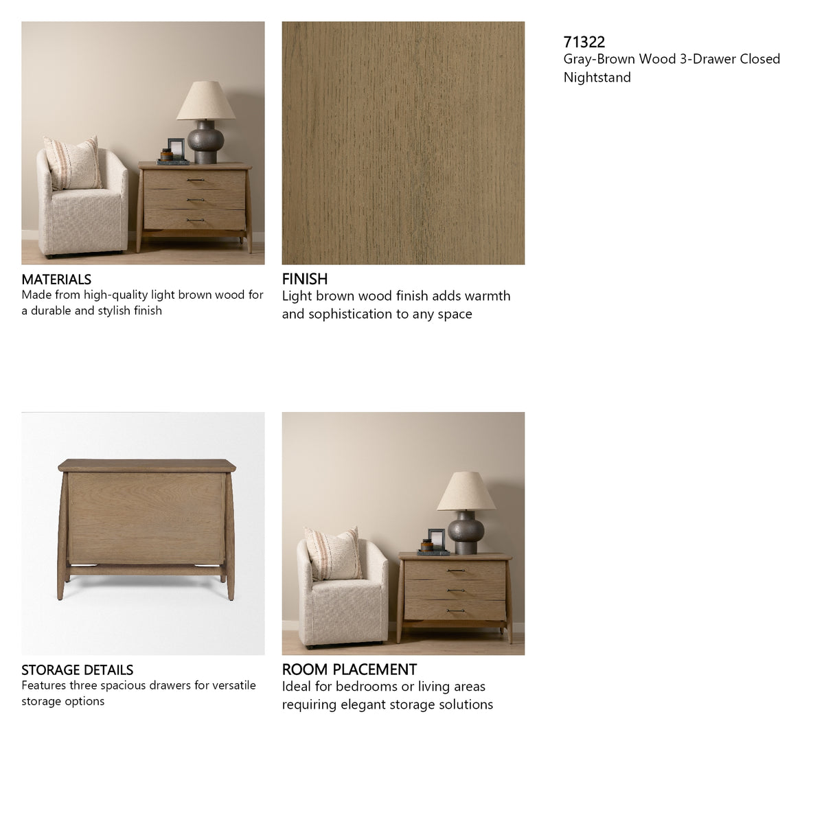 Hollis Gray-Brown Wood 3-Drawer Closed Nightstand