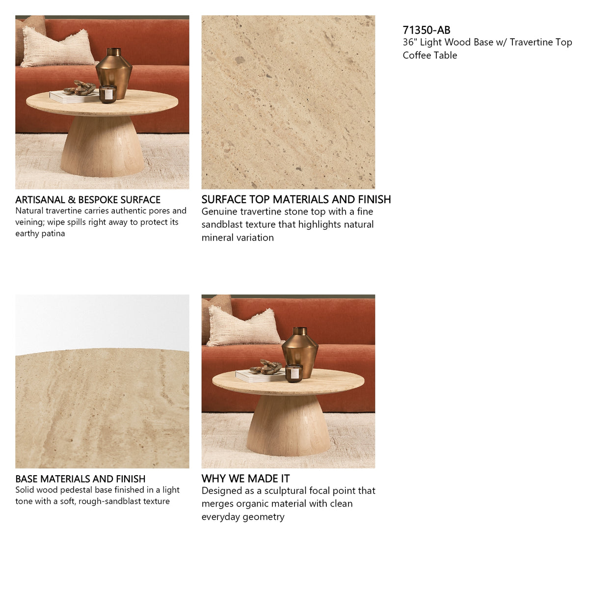 Allyson 36" Light Wood Base w/ Travertine Top Coffee Table from Mercana - Luna Furniture