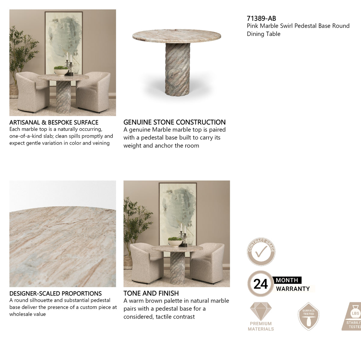 Ravello 42" Pink Marble Swirl Pedestal Base Round Dining Table from Mercana - Luna Furniture