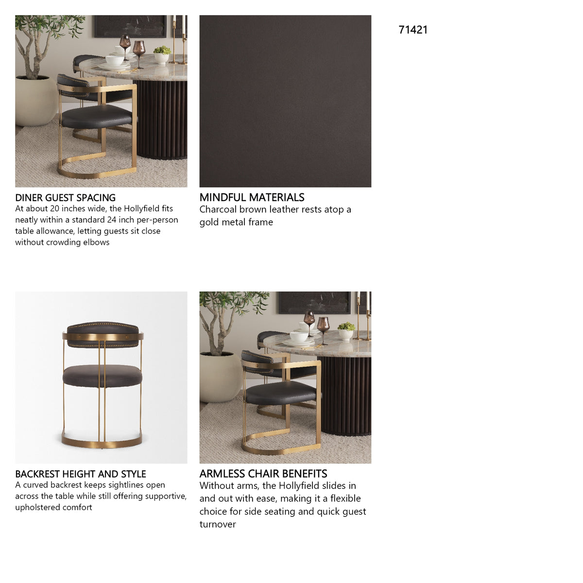 Hollyfield II Charcoal-Brown Leather Seat Gold Iron Frame Dining Chair