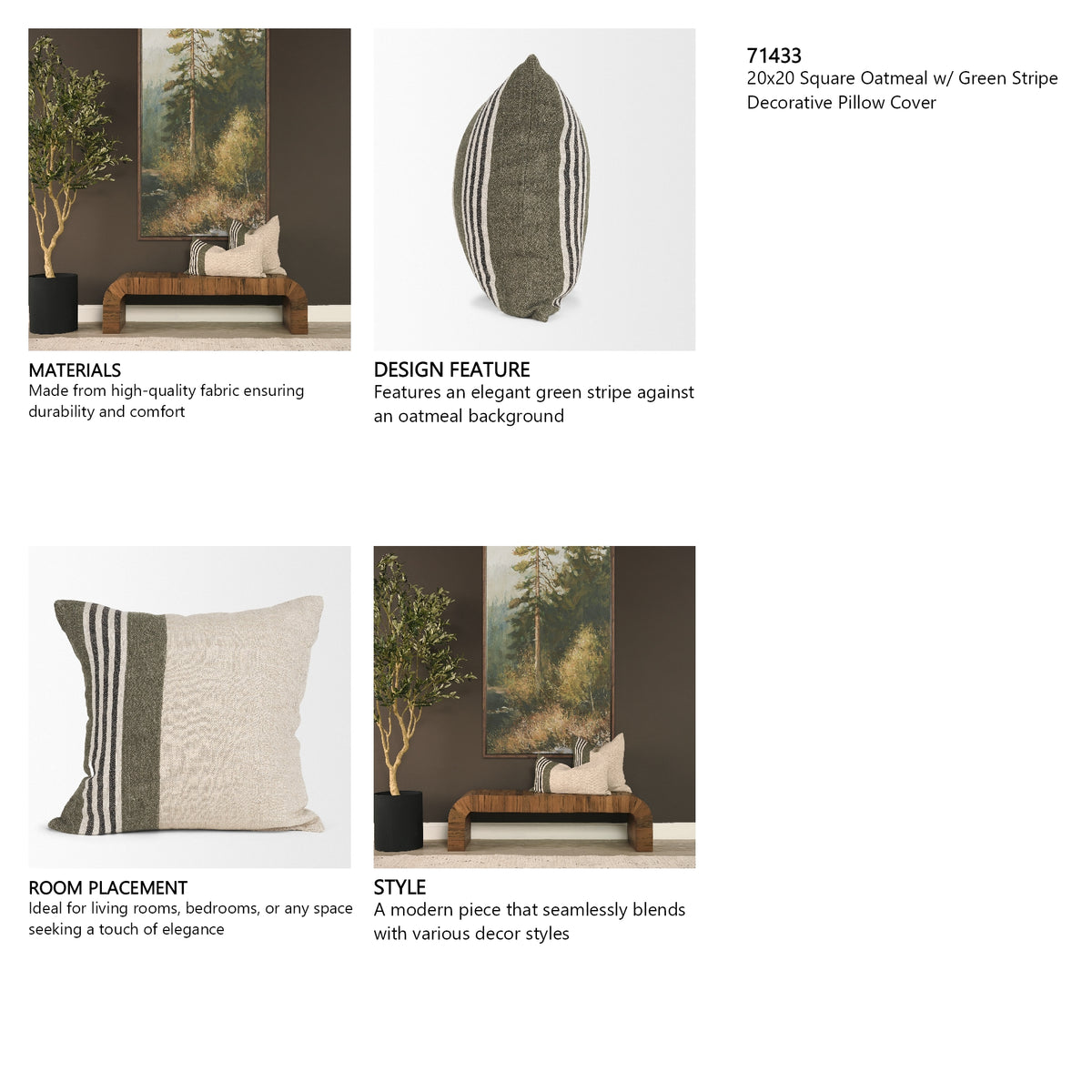 Hunter 20x20 Square Oatmeal w/ Green Stripe Decorative Pillow Cover from Mercana - Luna Furniture
