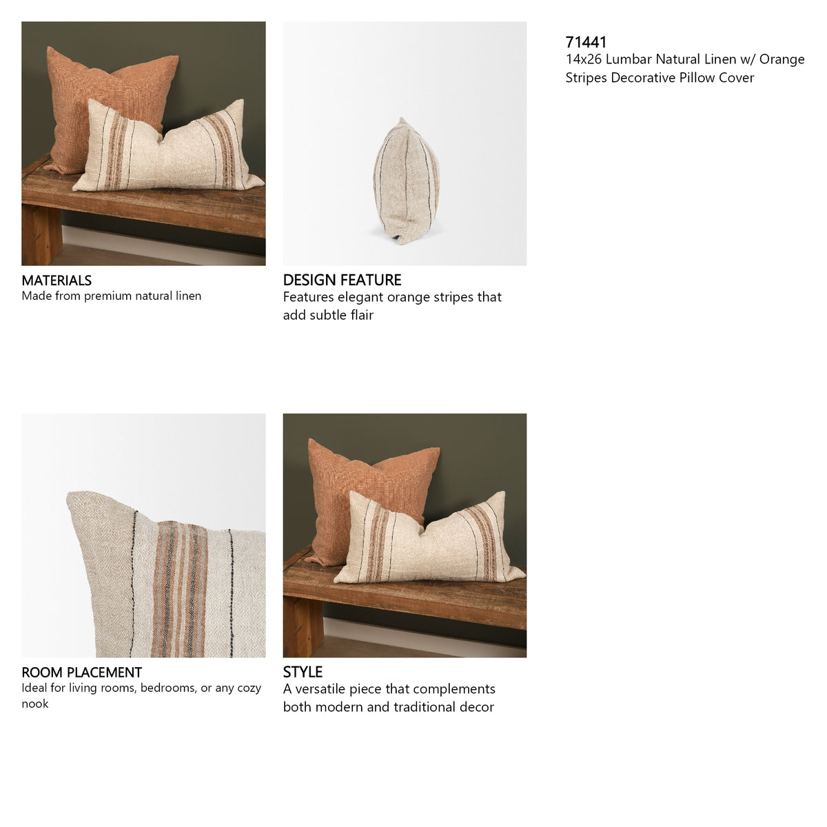 Maeve 14x26 Lumbar Natural Linen w/ Orange Stripes Decorative Pillow Cover from Mercana - Luna Furniture