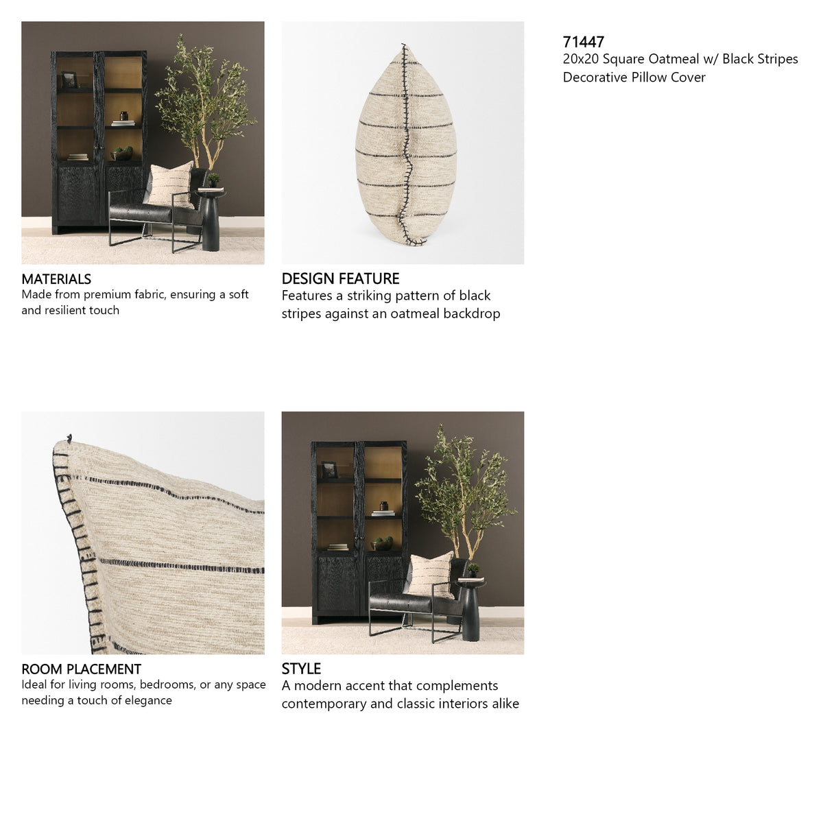 Lyle 20x20 Square Oatmeal w/ Black Stripes Decorative Pillow Cover from Mercana - Luna Furniture