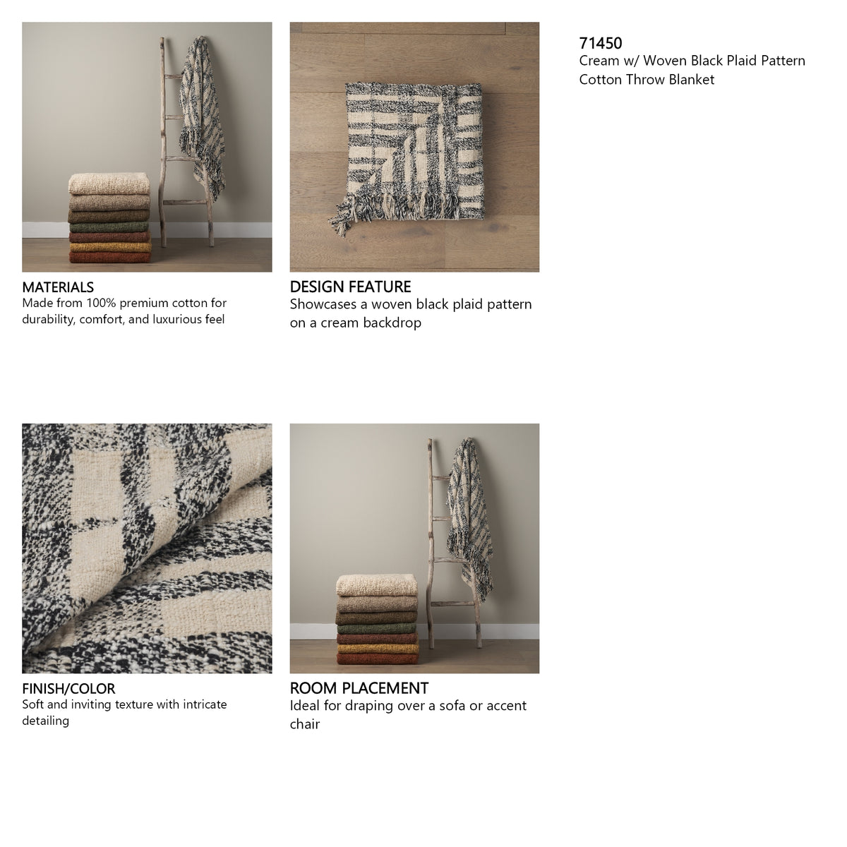Pendle Cream w/ Woven Black Plaid Pattern Cotton Throw Blanket from Mercana - Luna Furniture