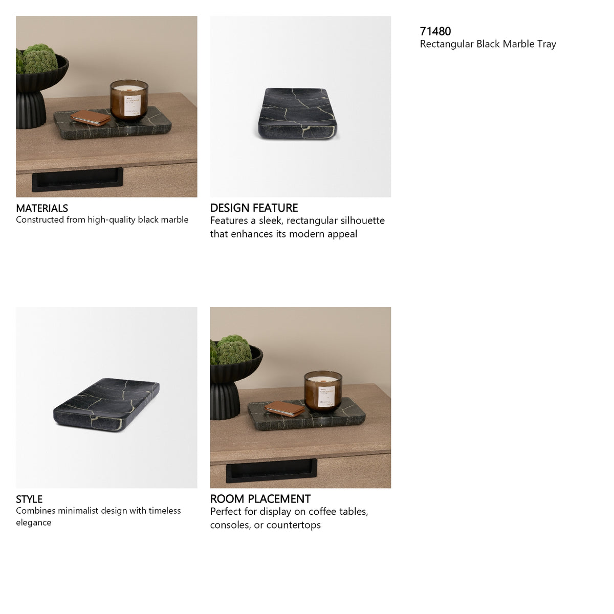 Tratto Rectangular Black Marble Tray from Mercana - Luna Furniture