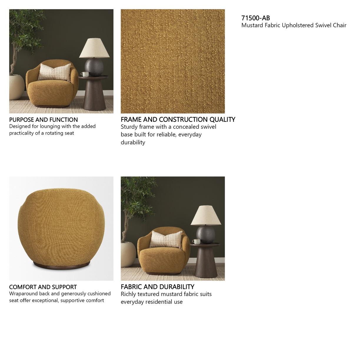 Hudson Mustard Fabric Upholstered Swivel Chair