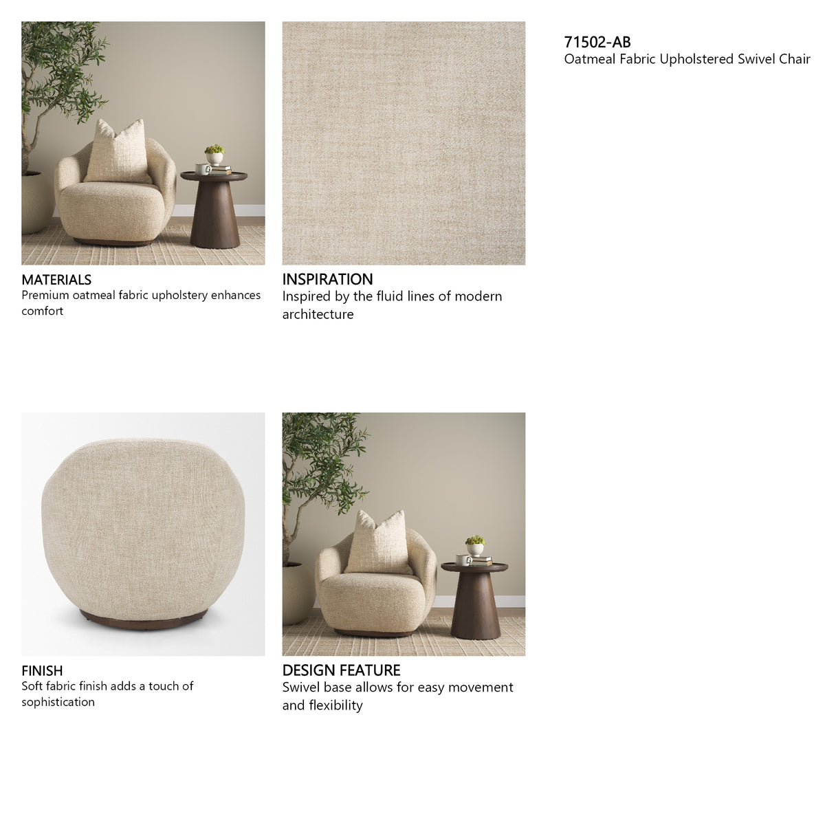 Hudson Oatmeal Fabric Upholstered Swivel Chair from Mercana - Luna Furniture