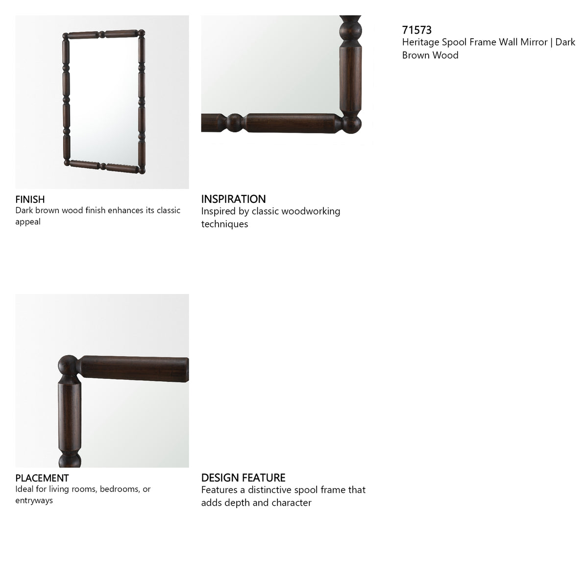Lenora Heritage Spool Frame Wall Mirror | Dark Brown Wood from Mercana - Luna Furniture