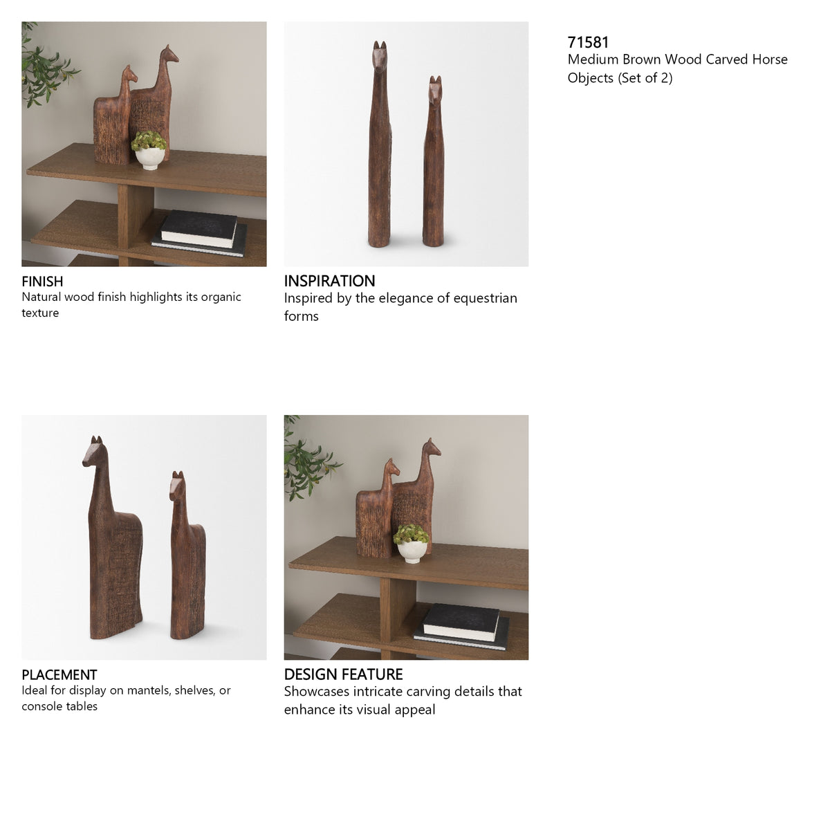 Farasi Medium Brown Wood Carved Horse Object (Set of 2)
