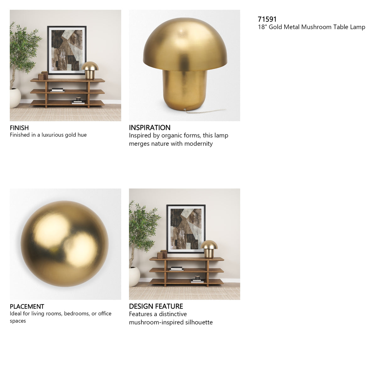 Orlo 18" Gold Metal Mushroom Table Lamp from Mercana - Luna Furniture