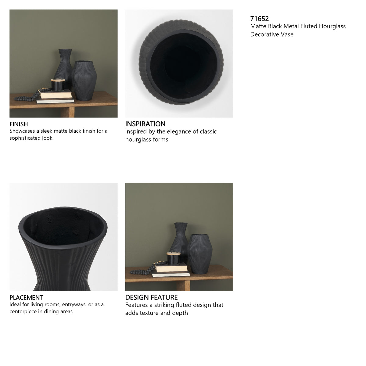 Patine Matte Black Metal Fluted Hourglass Decorative Vase