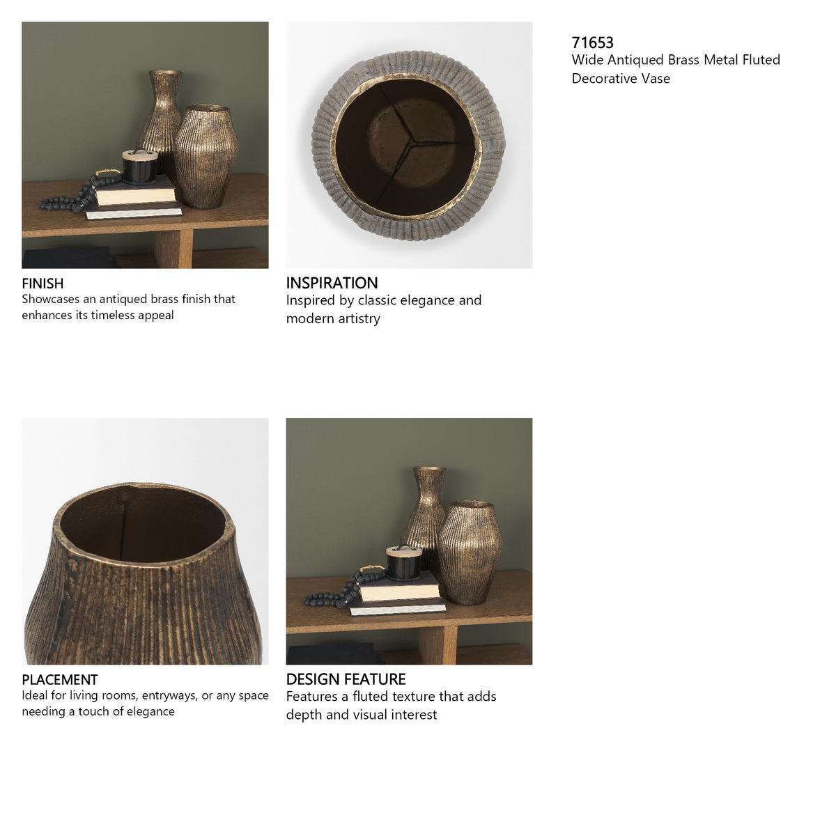 Patine Wide Antiqued Brass Metal Fluted Decorative Vase
