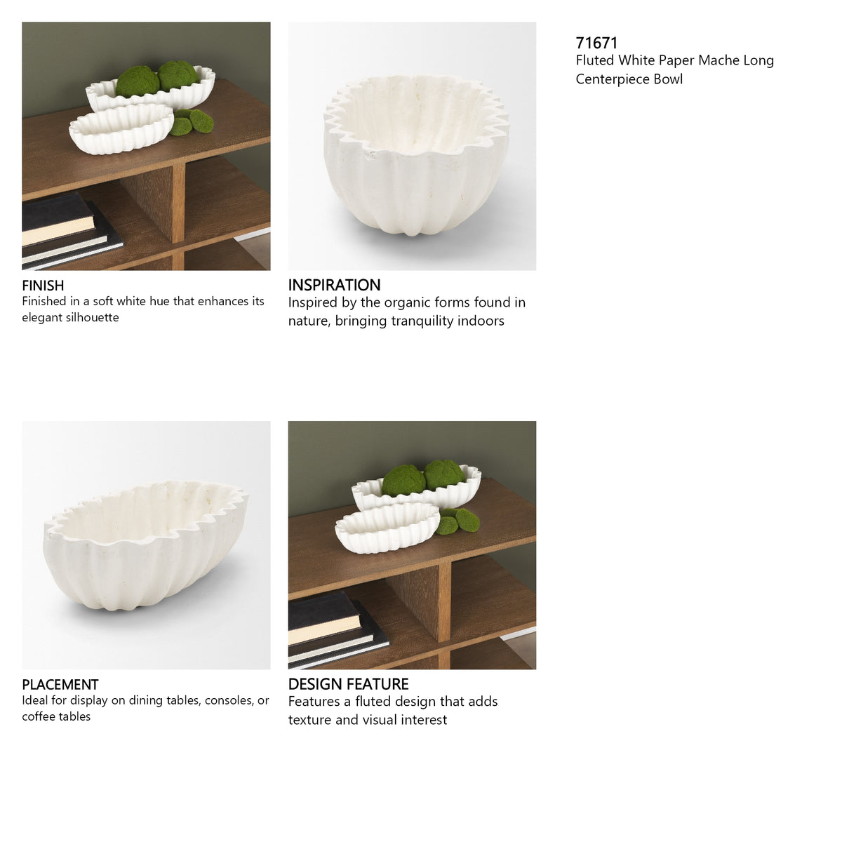 Camelia Fluted White Paper Mache Long Centerpiece Bowl from Mercana - Luna Furniture