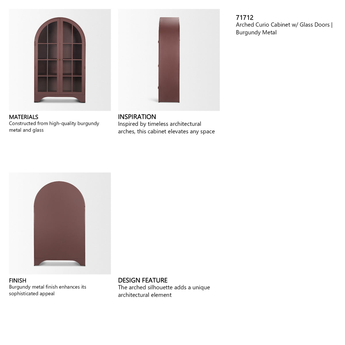 Rousseau Arched Curio Cabinet w/ Glass Doors | Burgundy Metal from Mercana - Luna Furniture