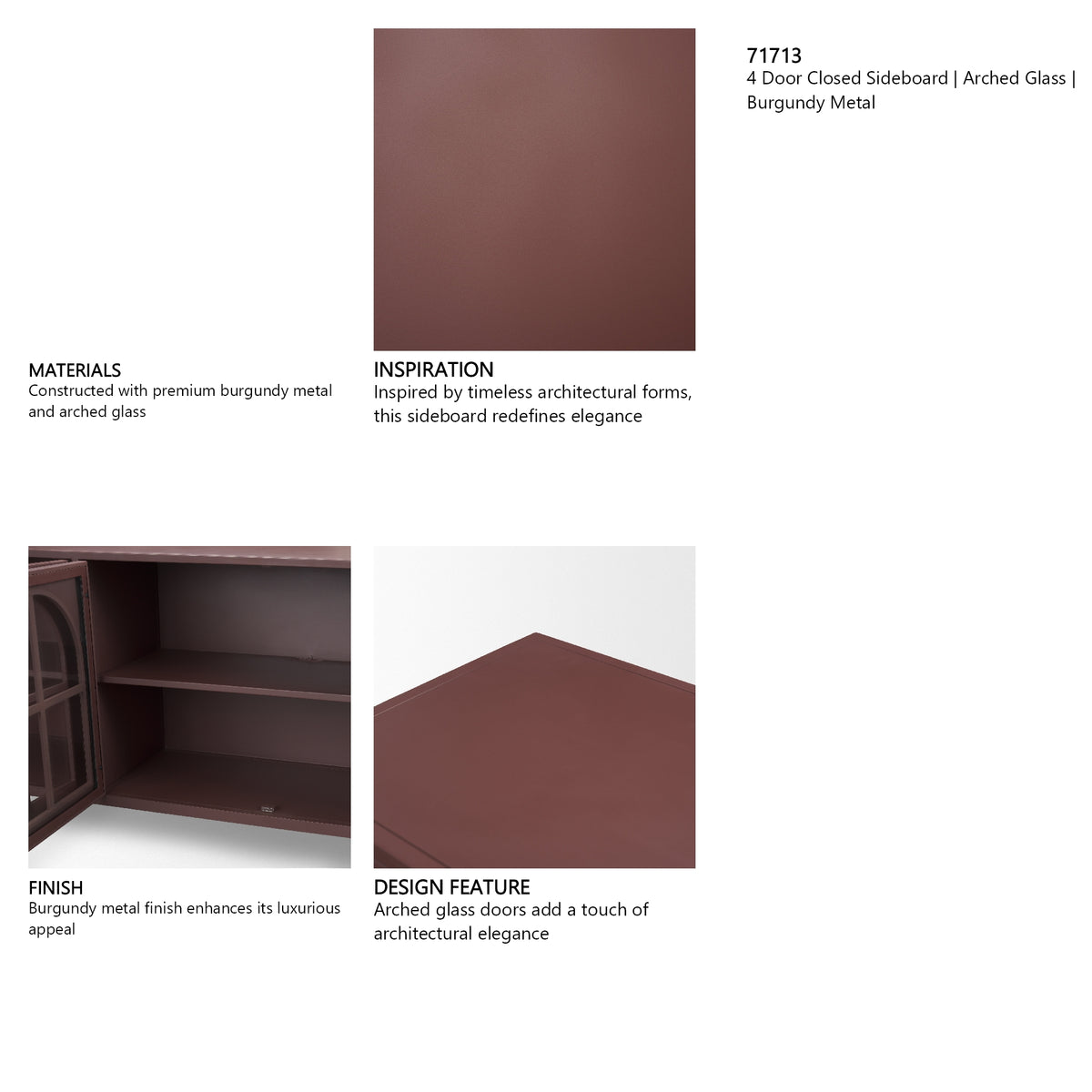 Rousseau 4 Door Closed Sideboard | Arched Glass | Burgundy Metal from Mercana - Luna Furniture