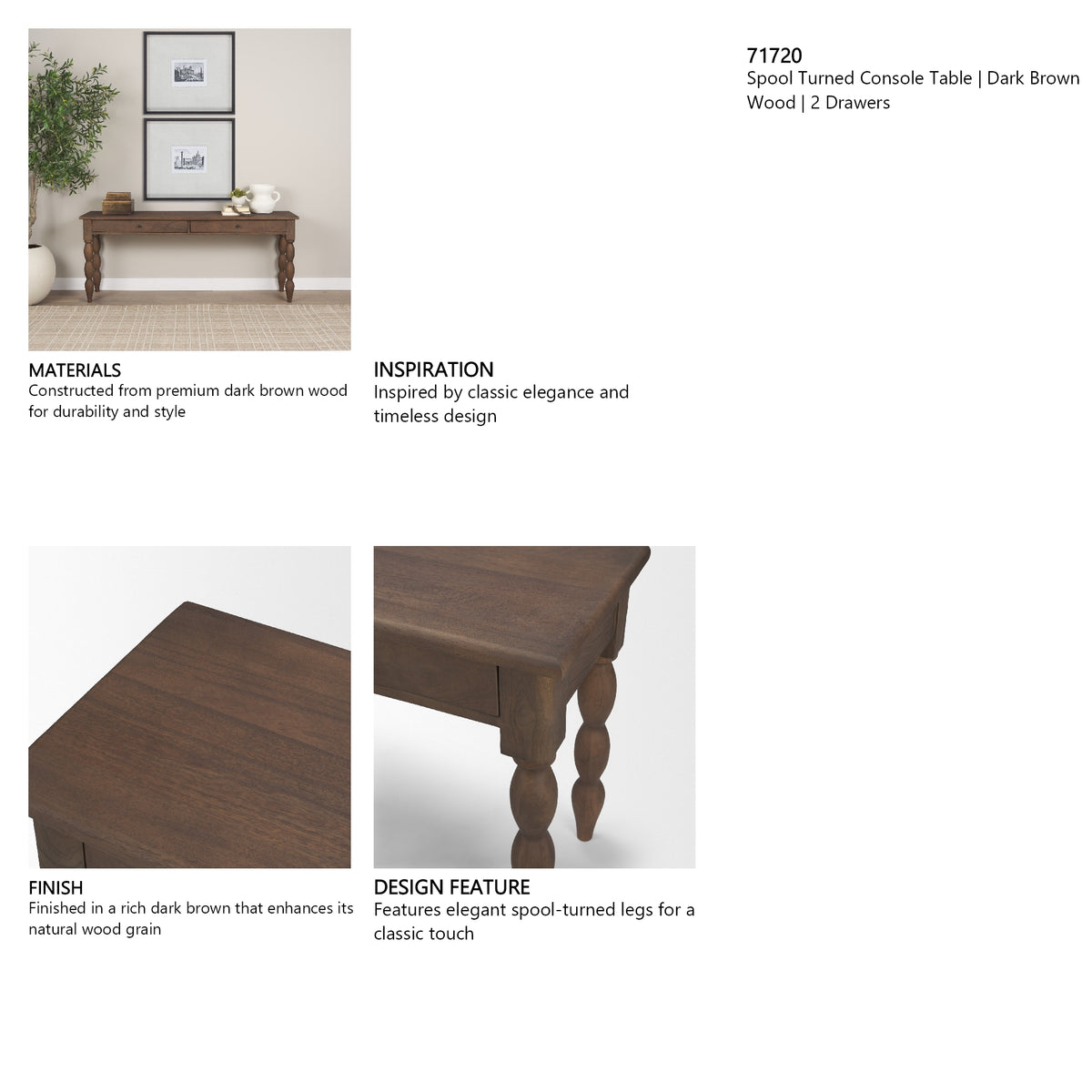 Angeline Spool Turned Console Table | Dark Brown Wood | 2 Drawers from Mercana - Luna Furniture