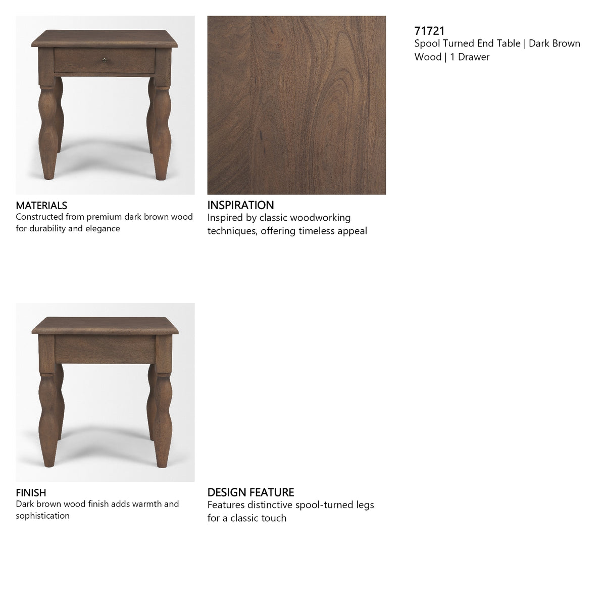 Angeline Spool Turned End Table | Dark Brown Wood | 1 Drawer from Mercana - Luna Furniture