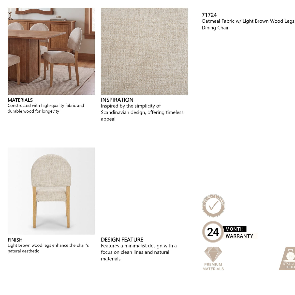 Martie Rounded Back Dining Side Chair | Oatmeal Fabric w/ Wood, Set of 2