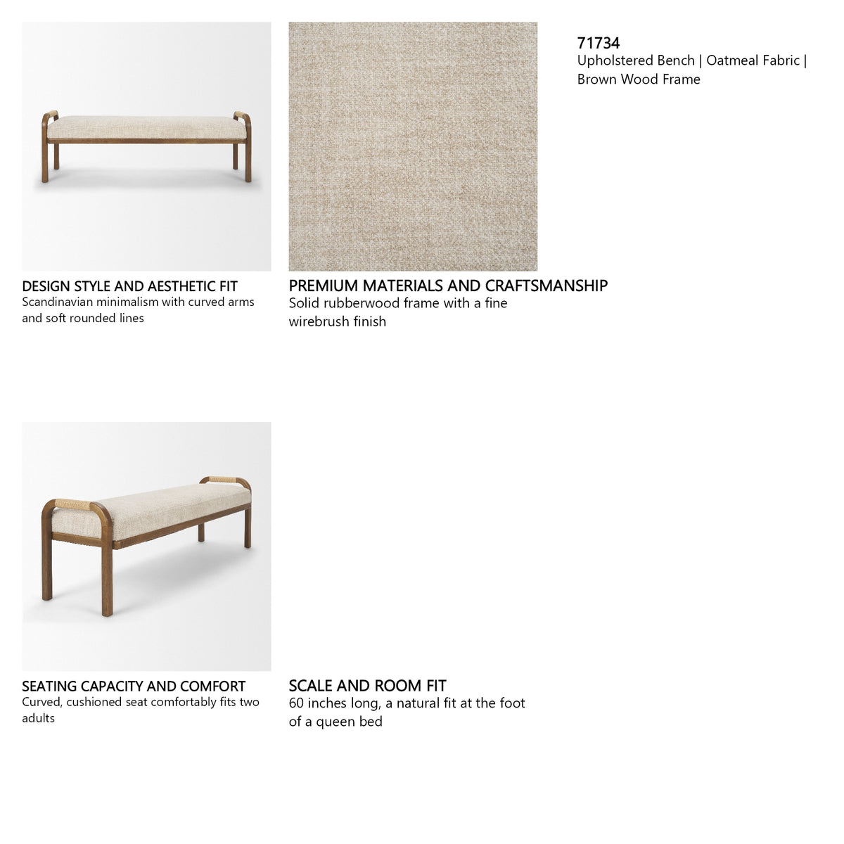 Freya Upholstered Bench | Oatmeal Fabric | Brown Wood Frame from Mercana - Luna Furniture