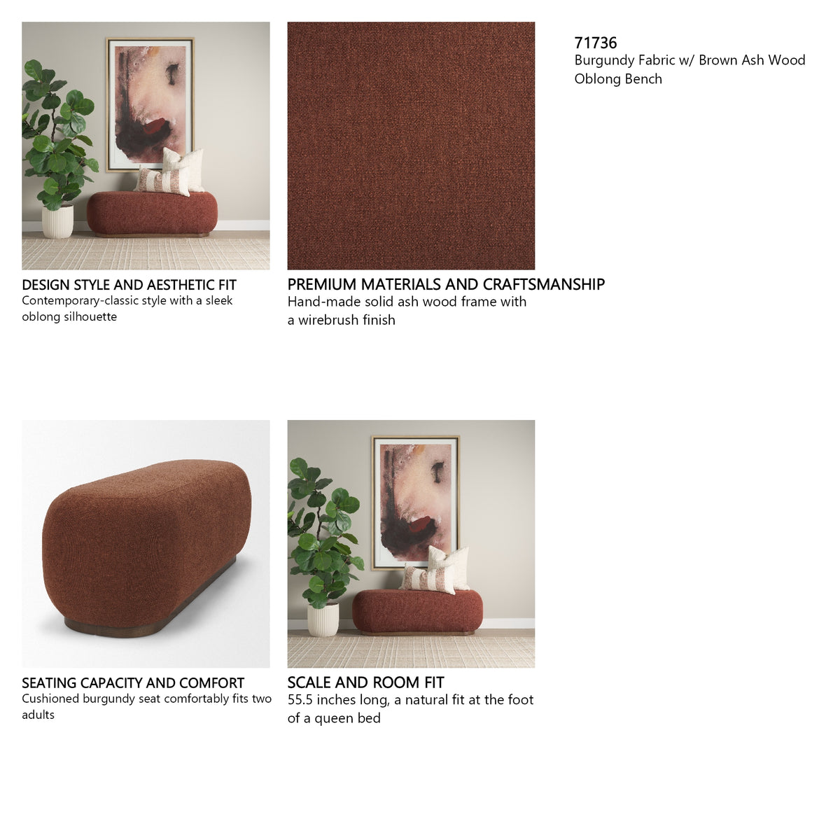 Siren Burgundy Fabric w/ Brown Ash Wood Oblong Bench from Mercana - Luna Furniture