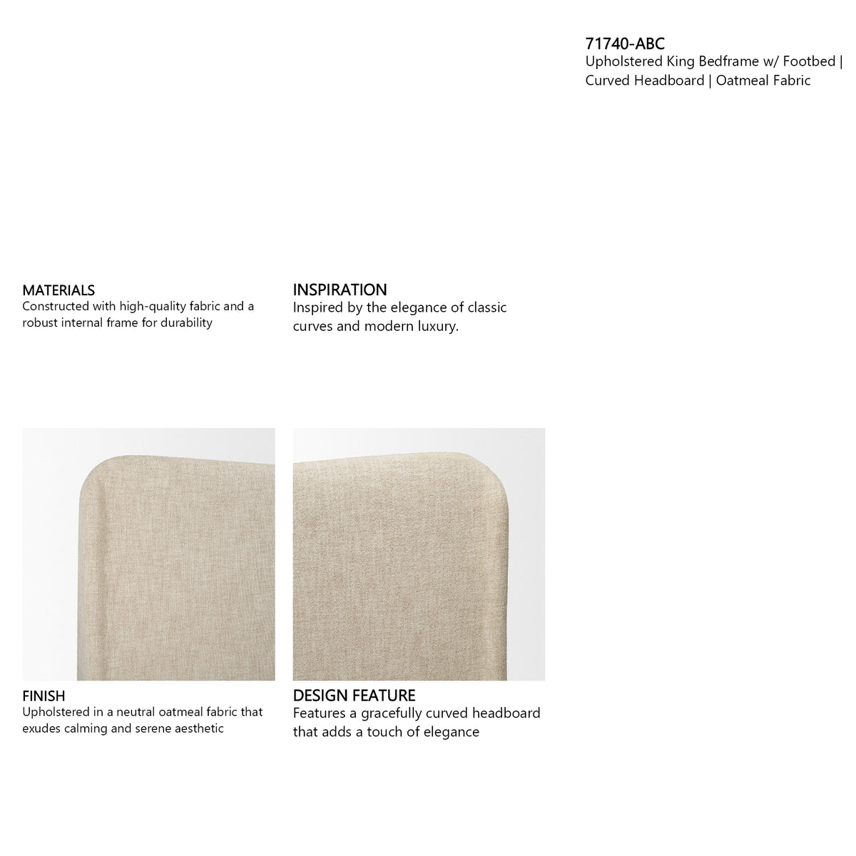 Solene King Upholstered Bedframe w/ Footbed | Curved Headboard | Oatmeal Fabric from Mercana - Luna Furniture