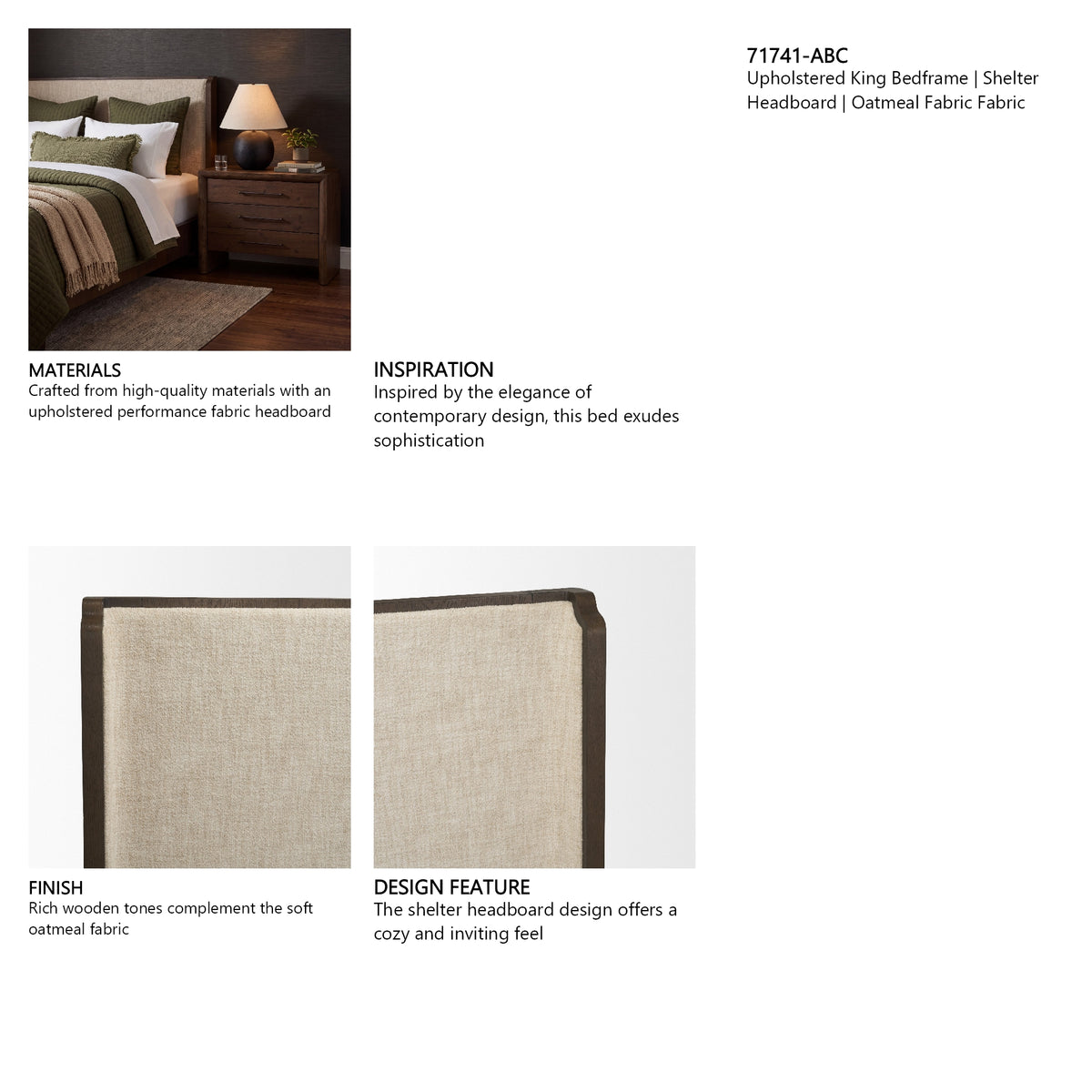 Holden King Upholstered Bedframe | Shelter Headboard | Oatmeal Performance Fabric from Mercana - Luna Furniture