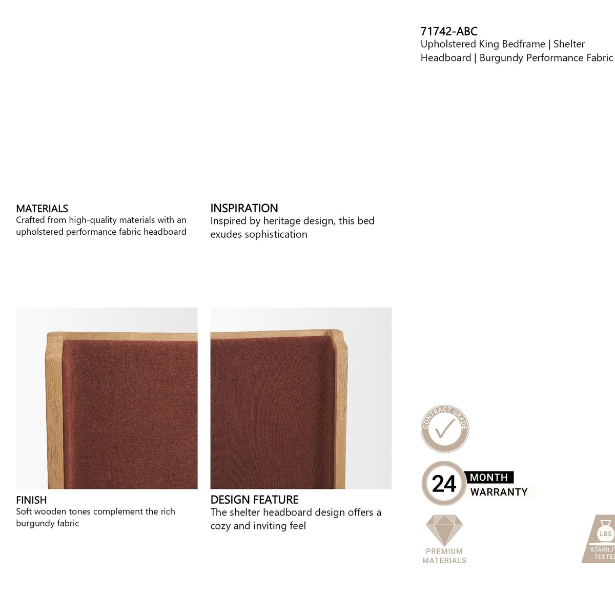 Holden King Upholstered Bedframe | Shelter Headboard | Burgundy Performance Fabric from Mercana - Luna Furniture