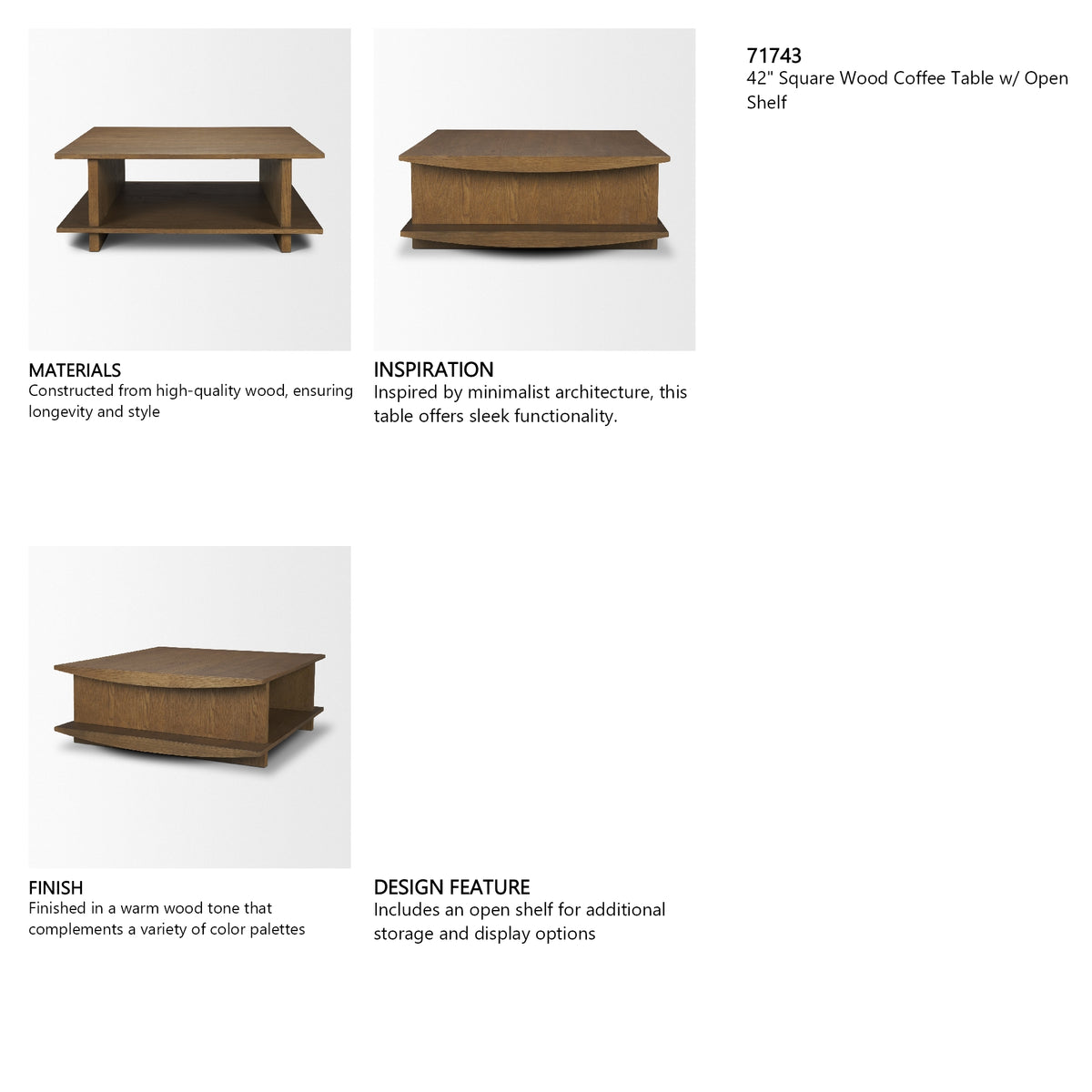 Boden 42" Square Wood Coffee Table w/ Open Shelf from Mercana - Luna Furniture