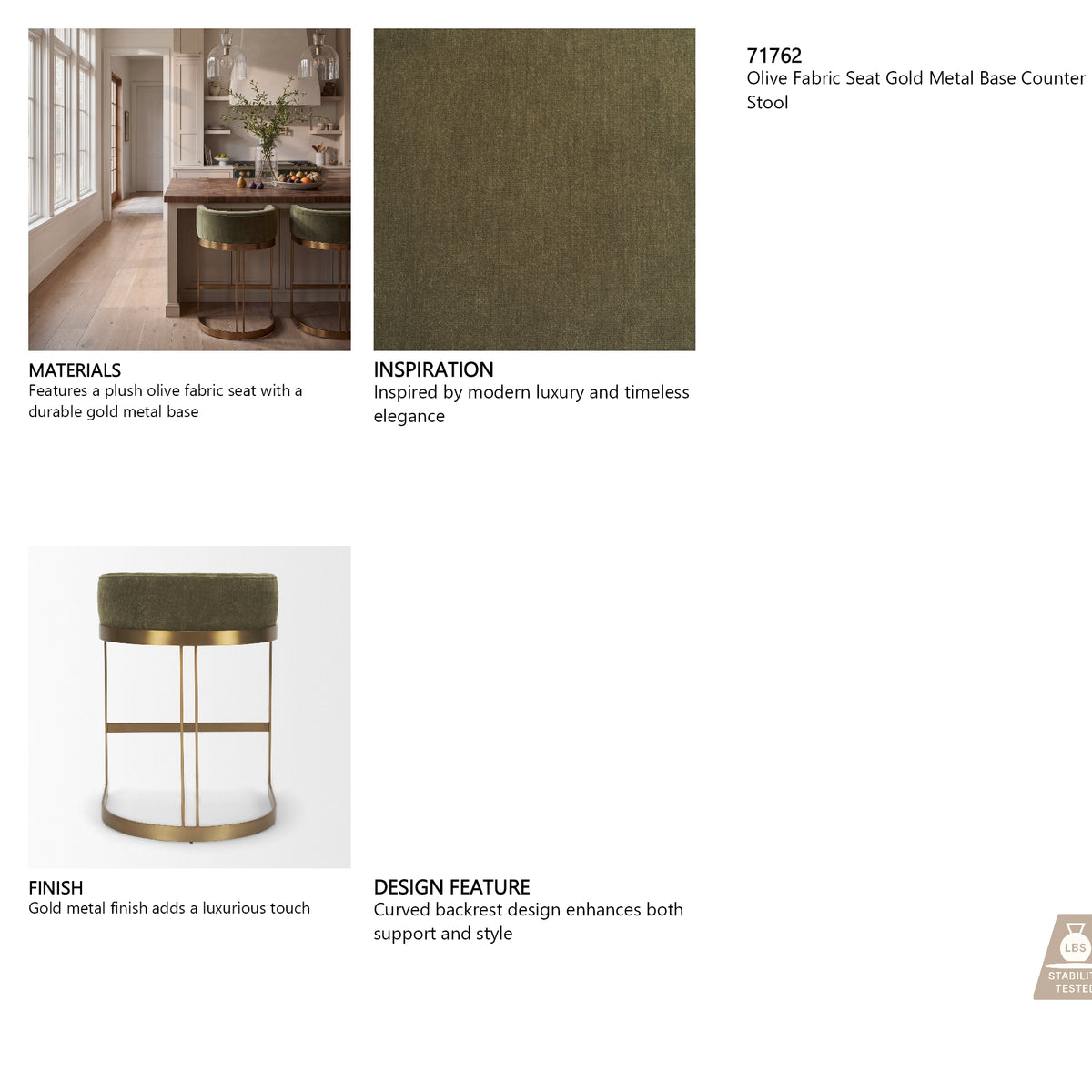 Hollyfield Backless 28.7in Seat Bar Stool | Olive Fabric w/ Gold Metal from Mercana - Luna Furniture