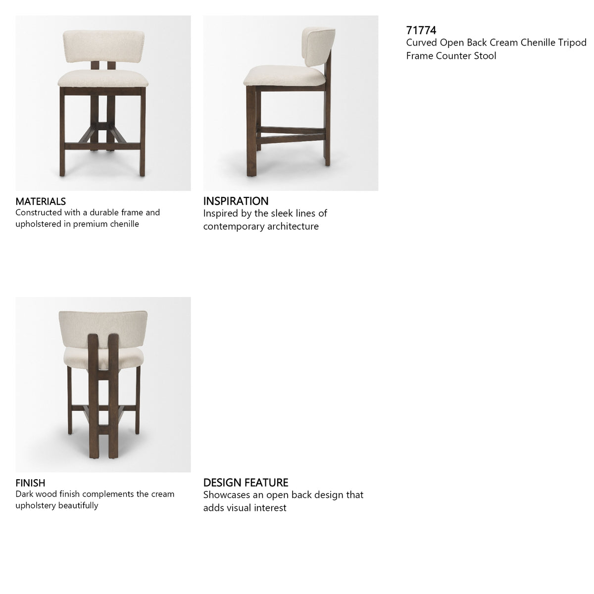 Soho Open Back 35.3in Seat Counter Stool | Cream Fabric w/ Brown Wood from Mercana - Luna Furniture