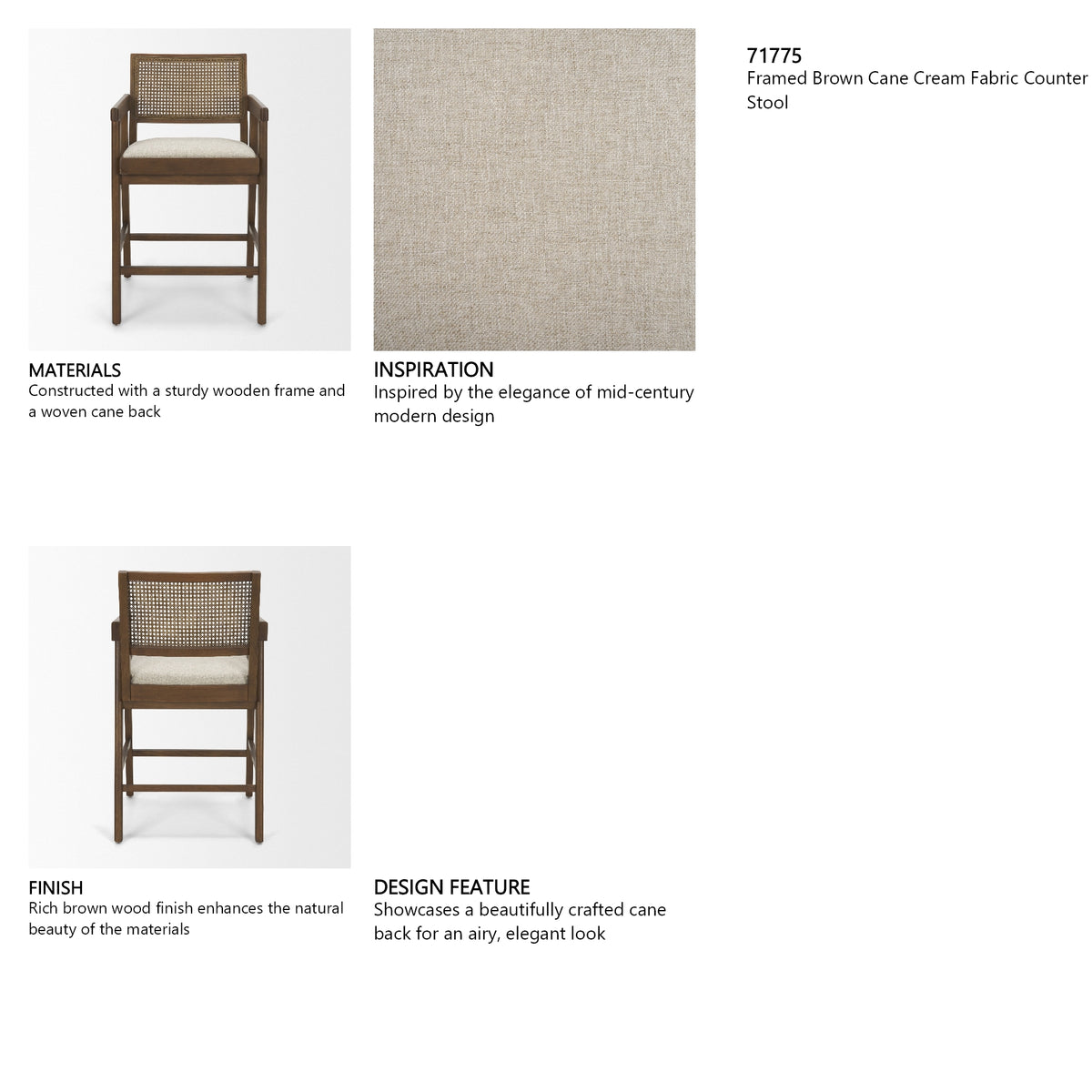 Reid Backless 38in Seat Counter Stool | Brown Wood w/ Cane Back from Mercana - Luna Furniture