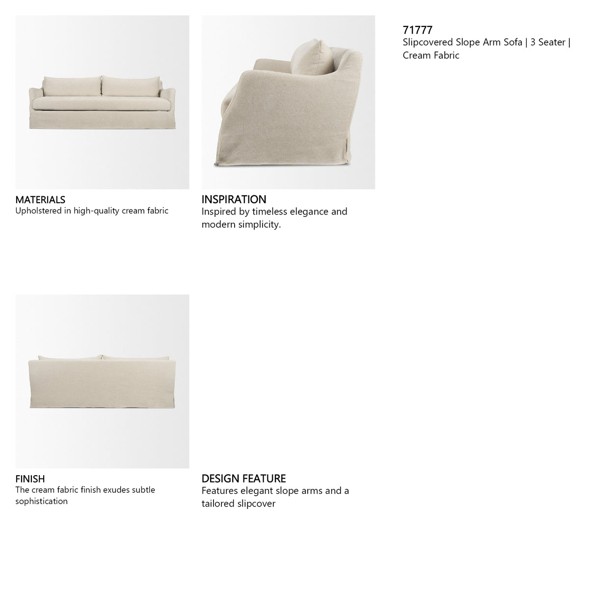 Ellington Slipcovered Slope Arm Sofa | 3 Seater | Cream Fabric from Mercana - Luna Furniture