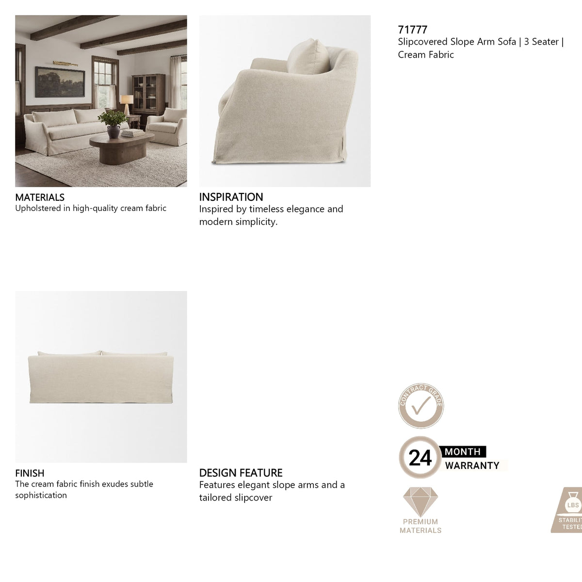 Ellington Slipcovered Slope Arm Sofa | 3 Seater | Cream Fabric from Mercana - Luna Furniture