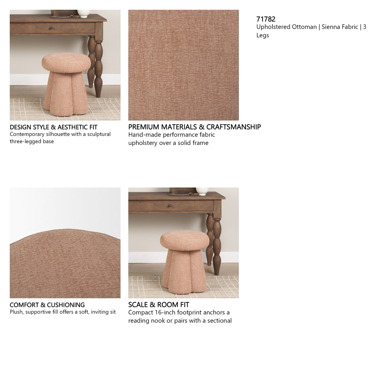 Oona Upholstered Ottoman | Sienna Fabric | 3 Legs
