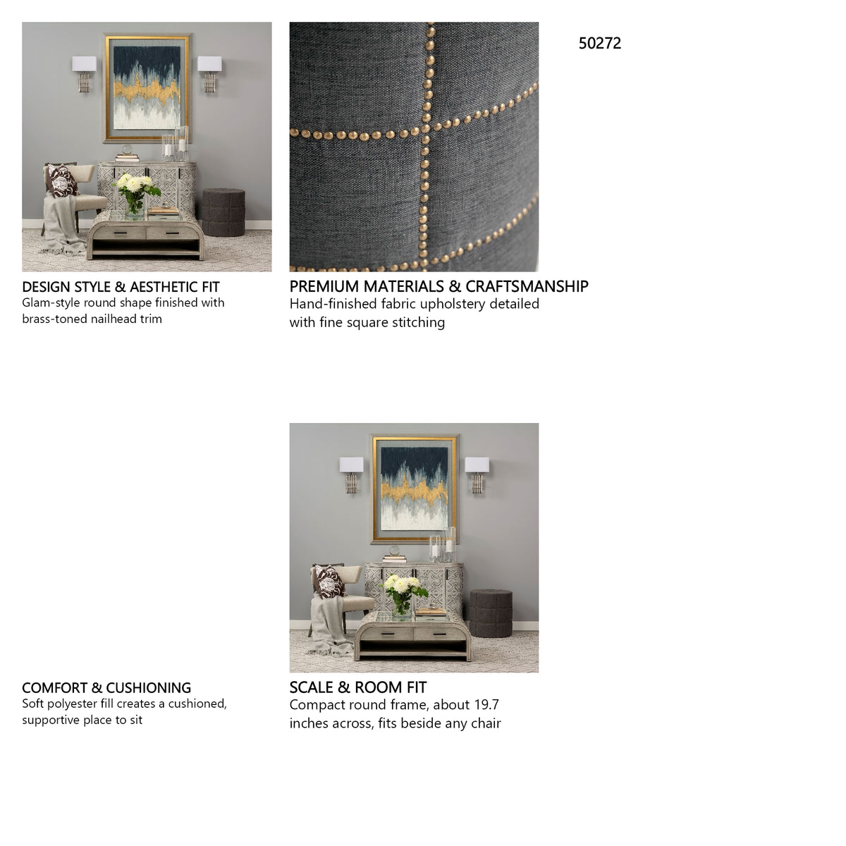 Beacon 20.5"H Gray Fabric w/ Metal Tacks Round Ottoman from Mercana - Luna Furniture