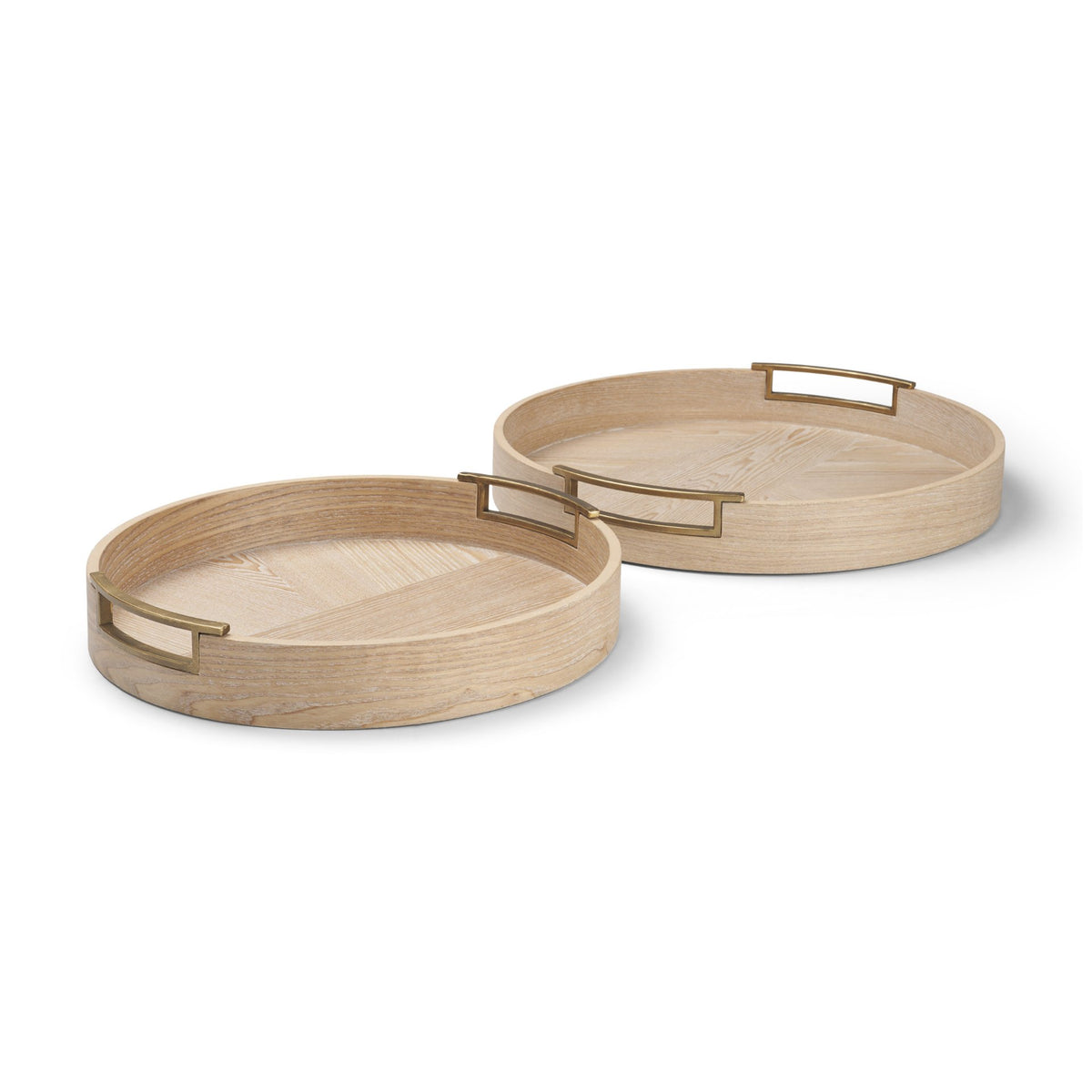Langford Round White-Washed Wood w/ Brass Handles Tray Set