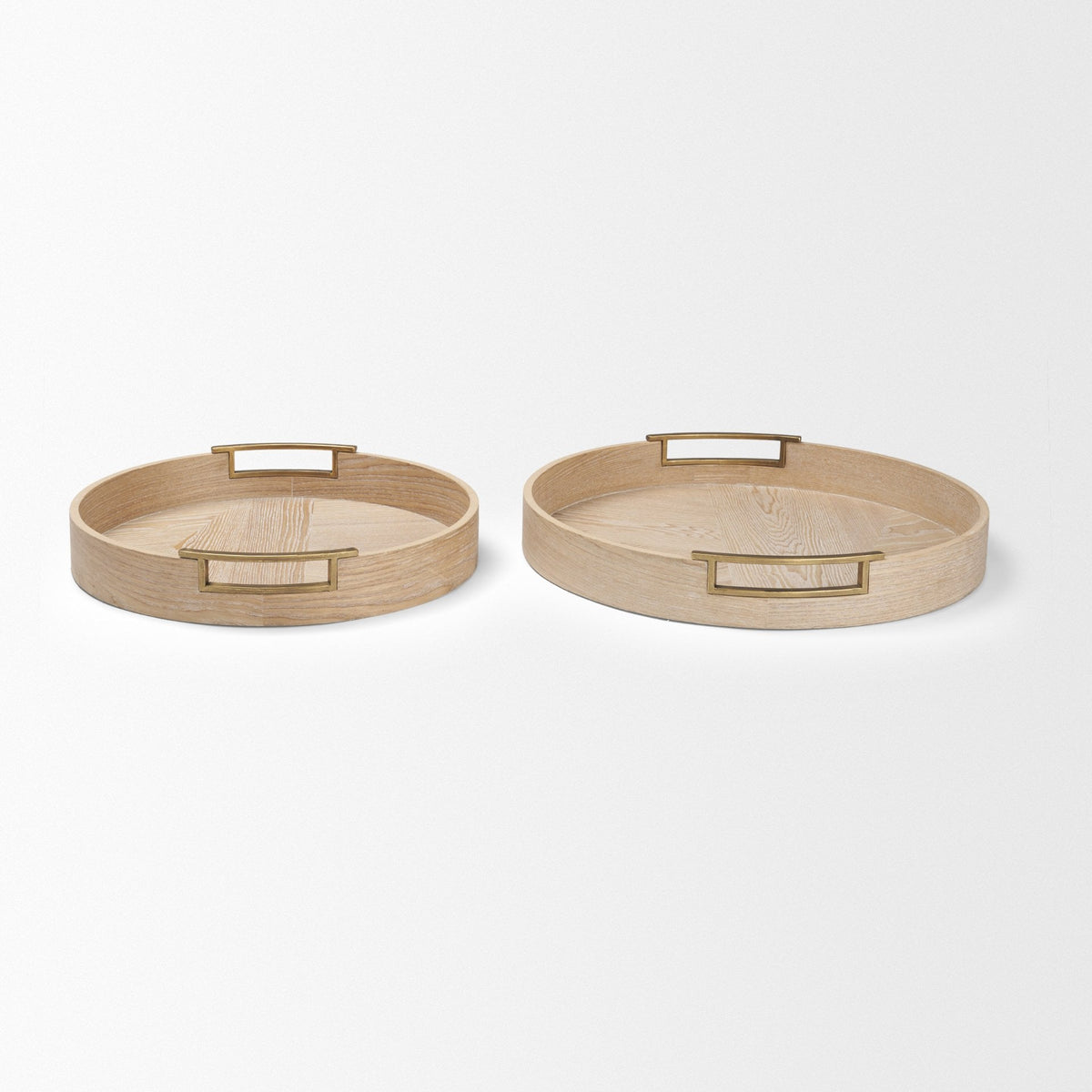 Langford Round White-Washed Wood w/ Brass Handles Tray Set