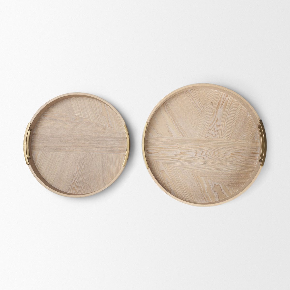 Langford Round White-Washed Wood w/ Brass Handles Tray Set