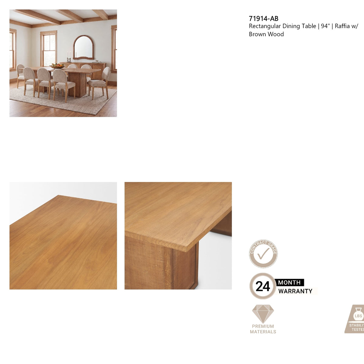 Carmel Rectangular Dining Table | 94" | Raffia w/ Brown Wood