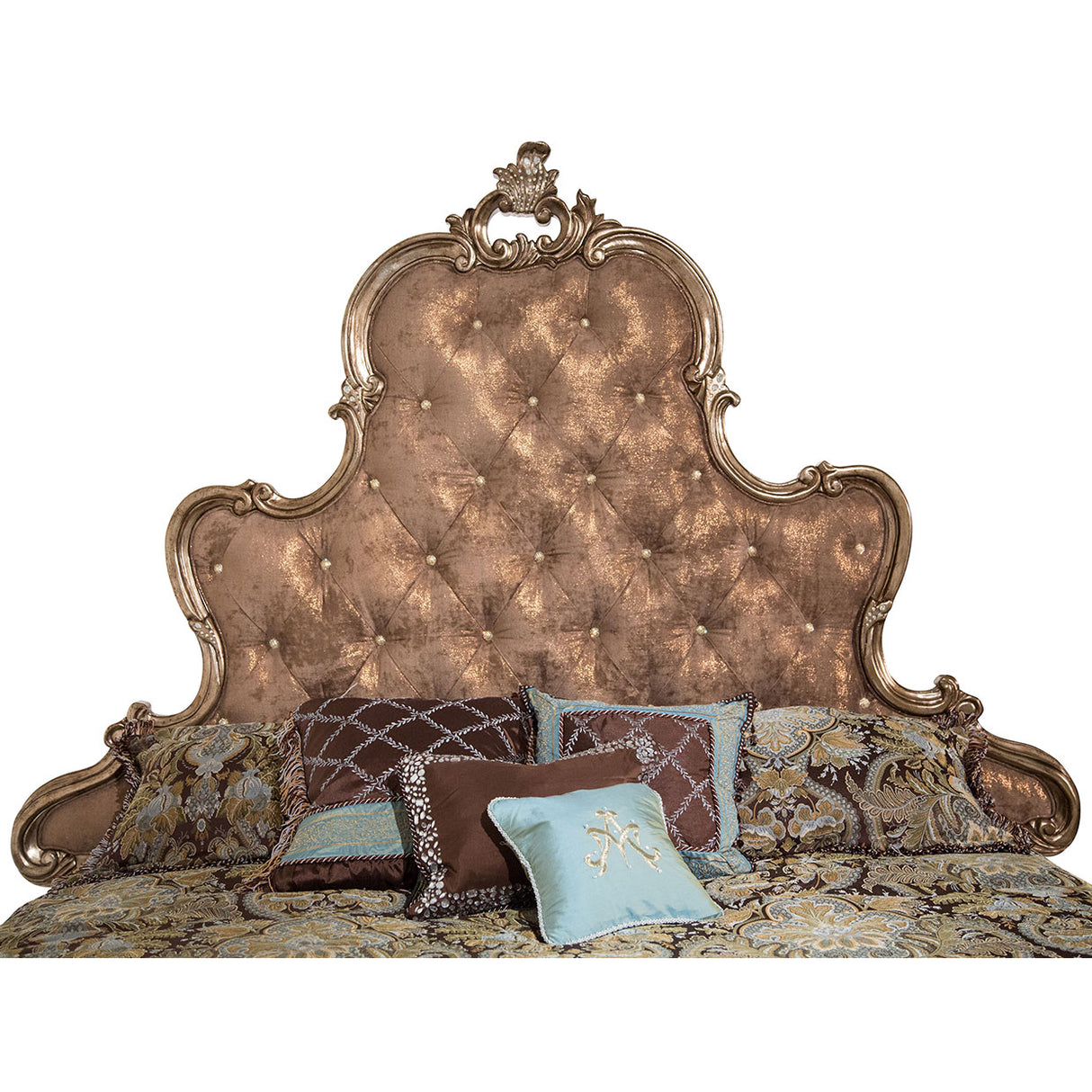 Platine De Royale L. Espresso Antique Platinum Cal King Panel Bed W/brown Fabric from Michael Amini - Luna Furniture