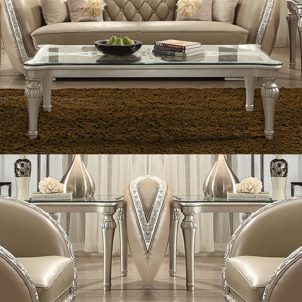 HD-13009 Antique White/Metallic Silver Highlights 3-Piece Coffee Table Set